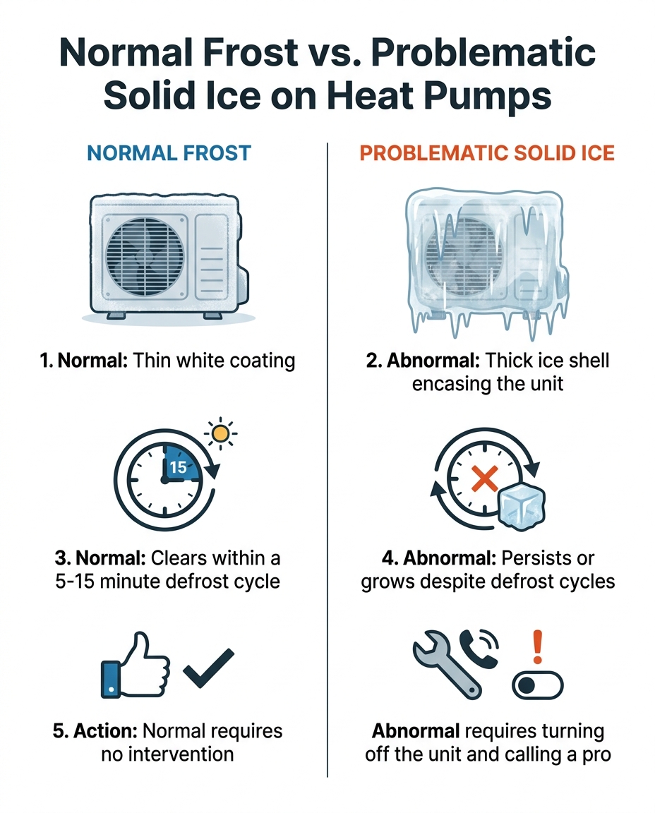 Normal Frost vs. Problematic Solid Ice on Heat Pumps