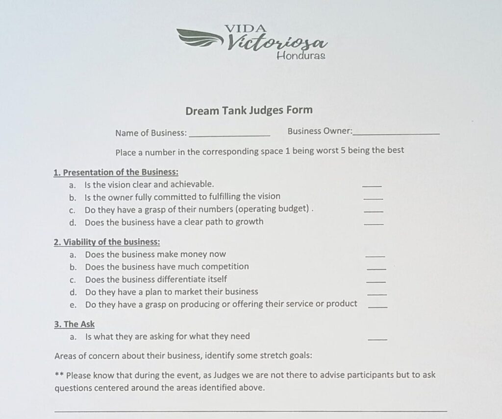 Dream Tank Judges Form (Facilitated by Vida Victoriosa)
