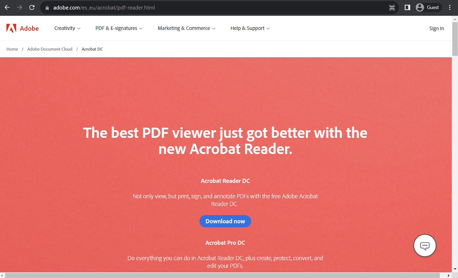 Adobe Acrobat Pro DC homepage