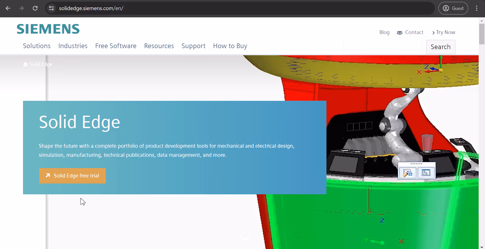 Solid Edge homepage with a short product description and 'free trial button