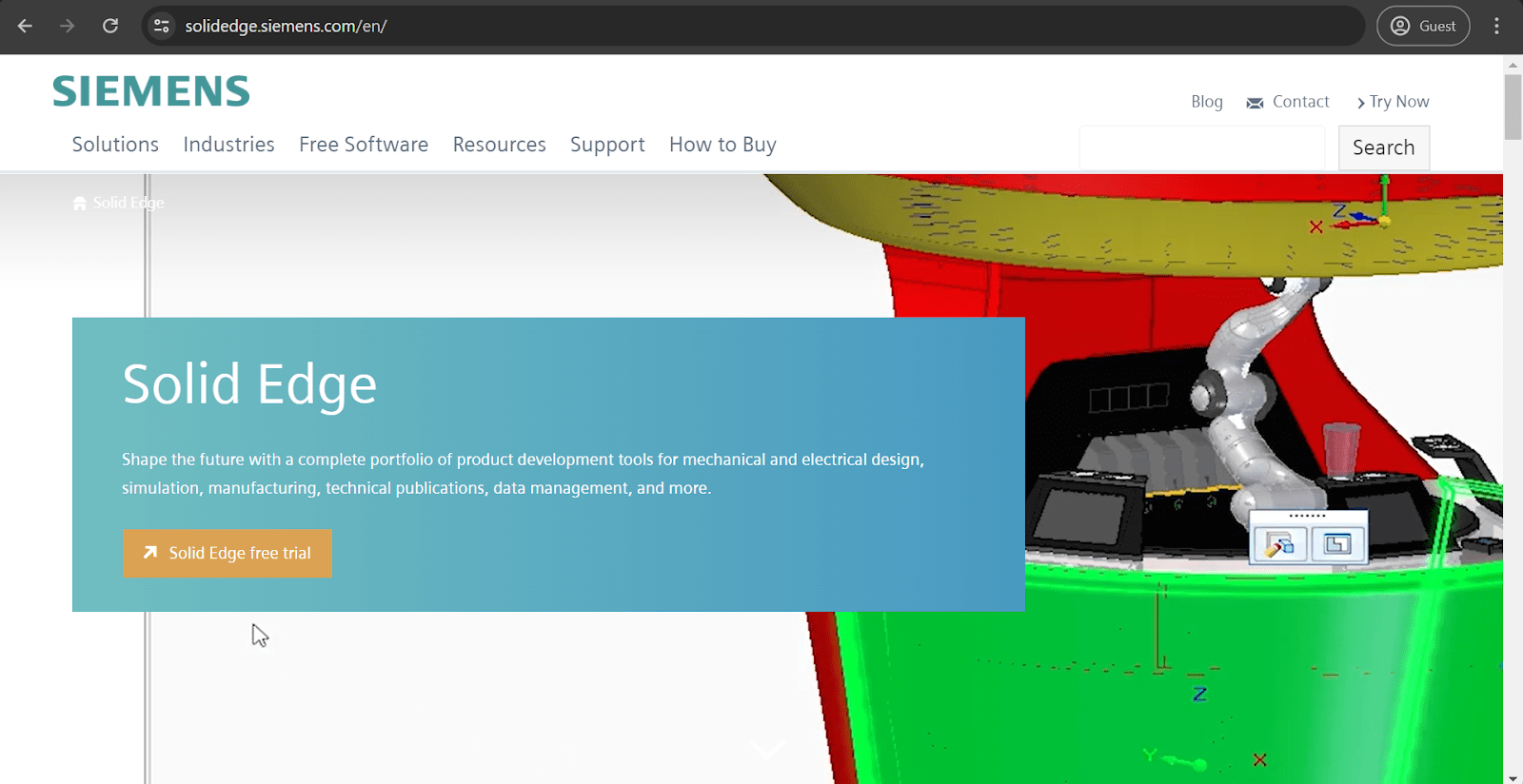 Solid Edge homepage with a short product description and 'free trial button