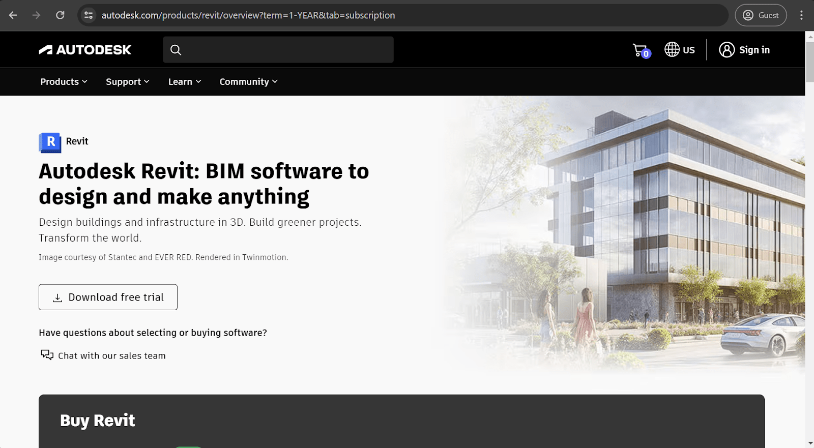 Autodesk Revit homepage with a short product description and 'free trial' button