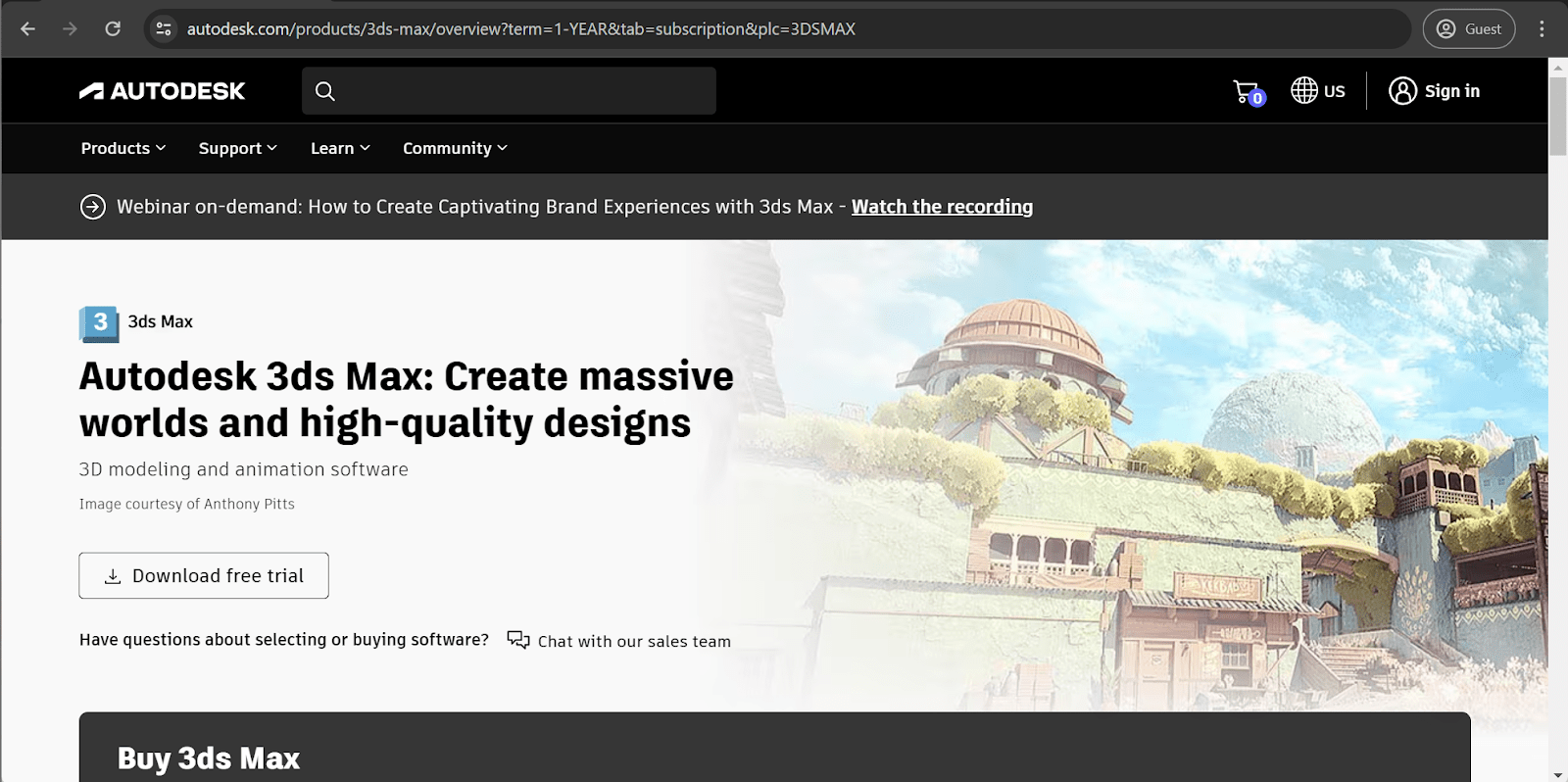 3ds Max homepage with a short product description and 'free trial' buttons