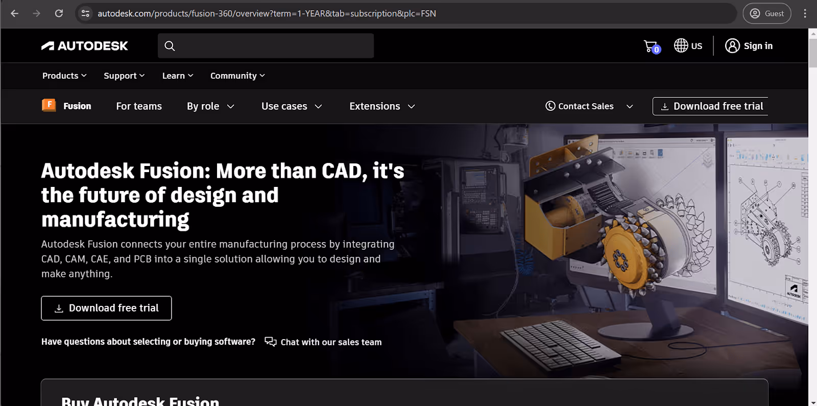 Autodesk Fusion 360 homepage with a short product description and ‘free trial’ button