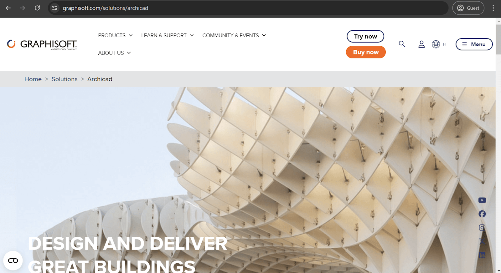 Archicad homepage with a short product description, 'try now' and  ‘free trial’ buttons