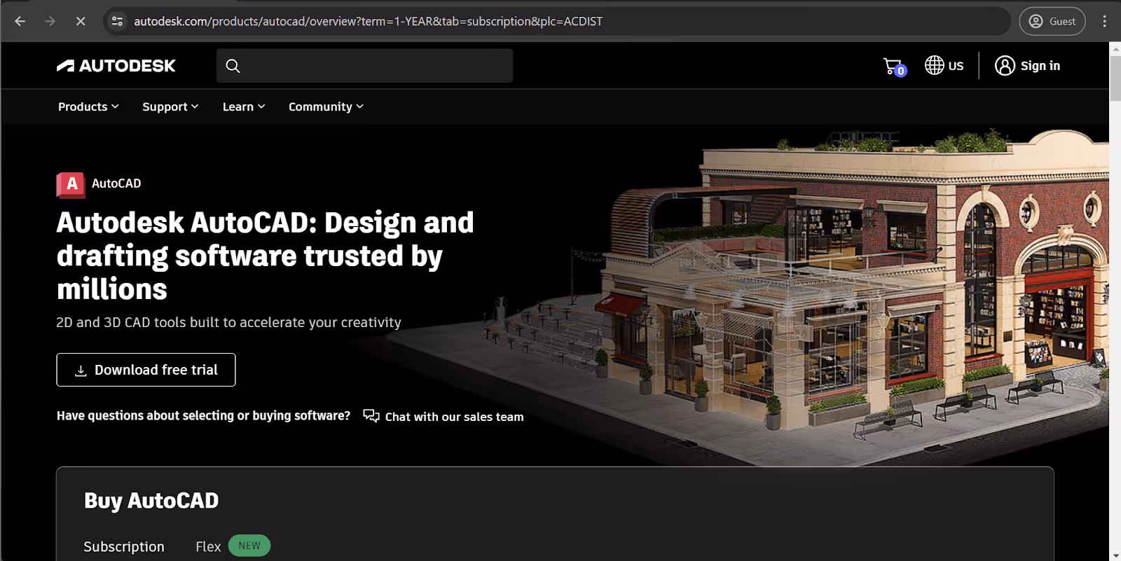 AutoCAD homepage with a short product description and ‘free trial’ button