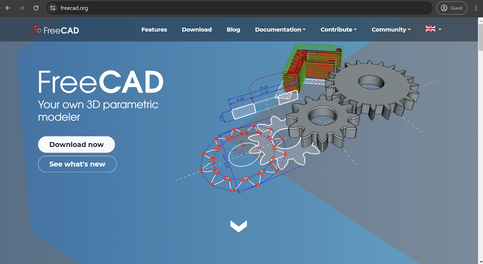 FreeCAD homepage with ‘download now’ and 'see what's new' buttons