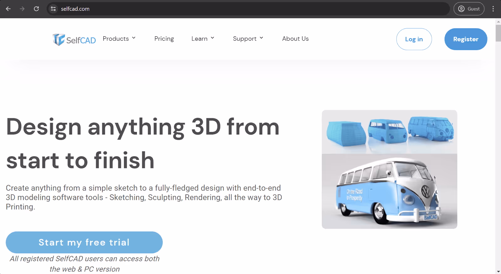 SelfCAD homepage with a short product description and ‘free trial’ button