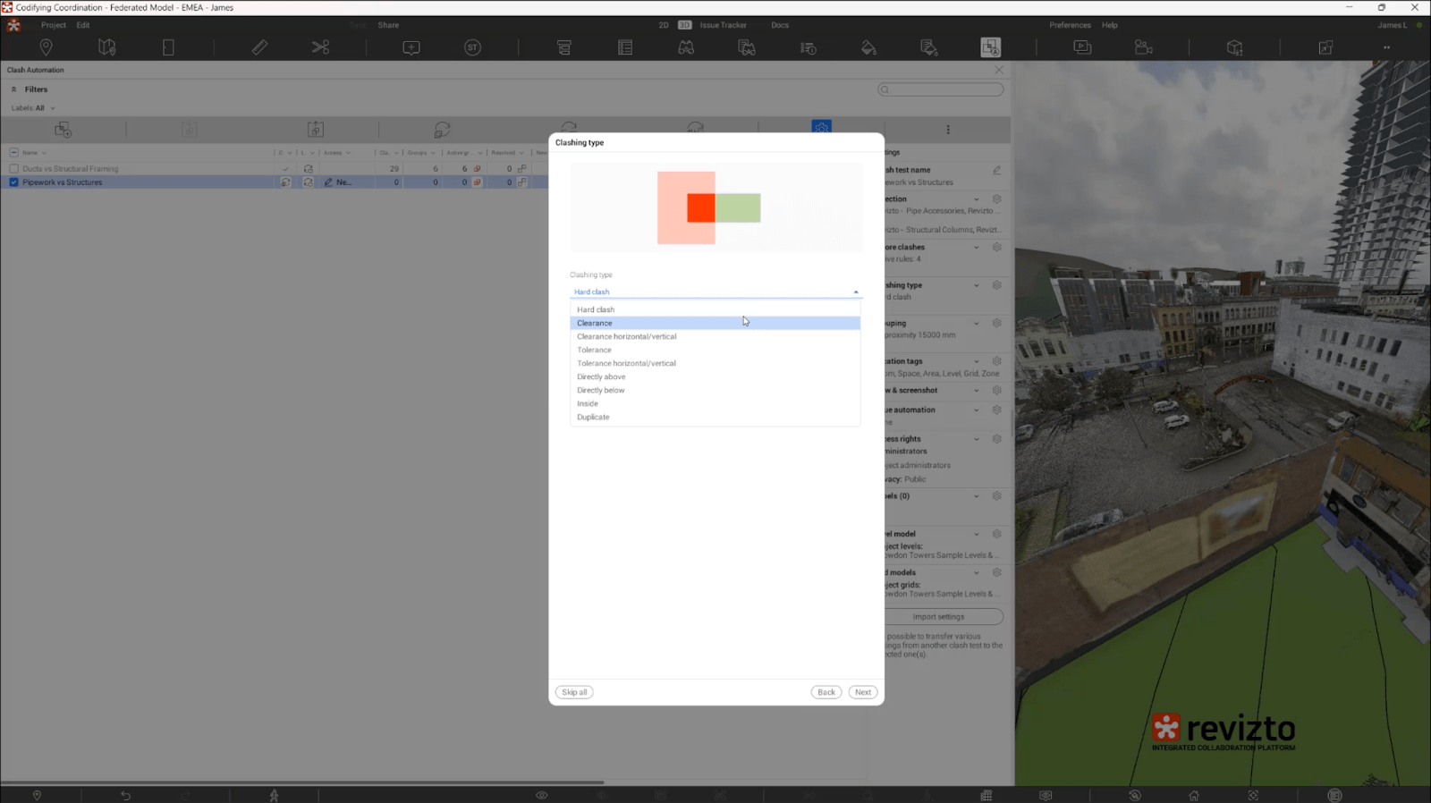 The ability to choose specific types of clashes to be found.