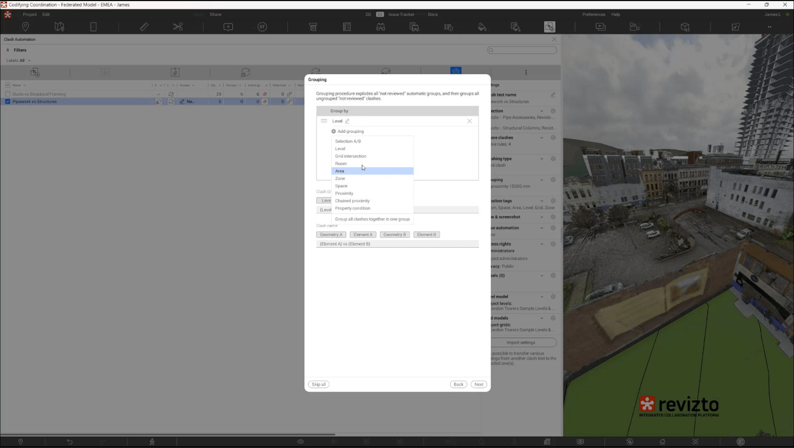 The option to add manual customizable groupings for clashes based on proximity, room, area, level, etc.