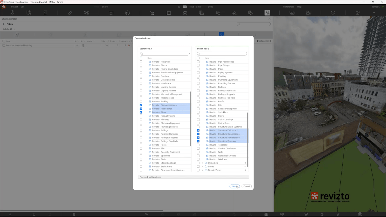The ability to choose specific groups and categories of project elements for which to run clash detection.
