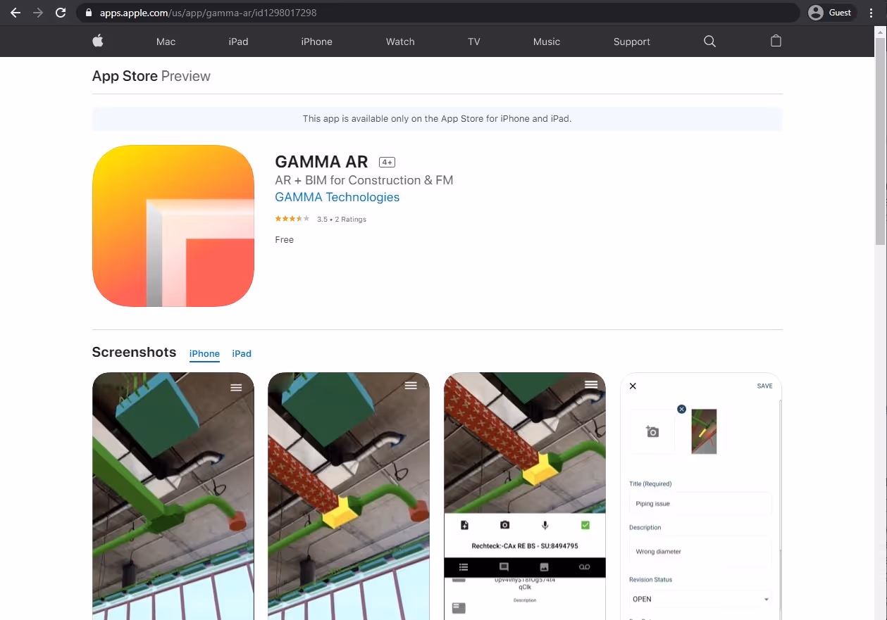 the AppStore page of Gamma AR