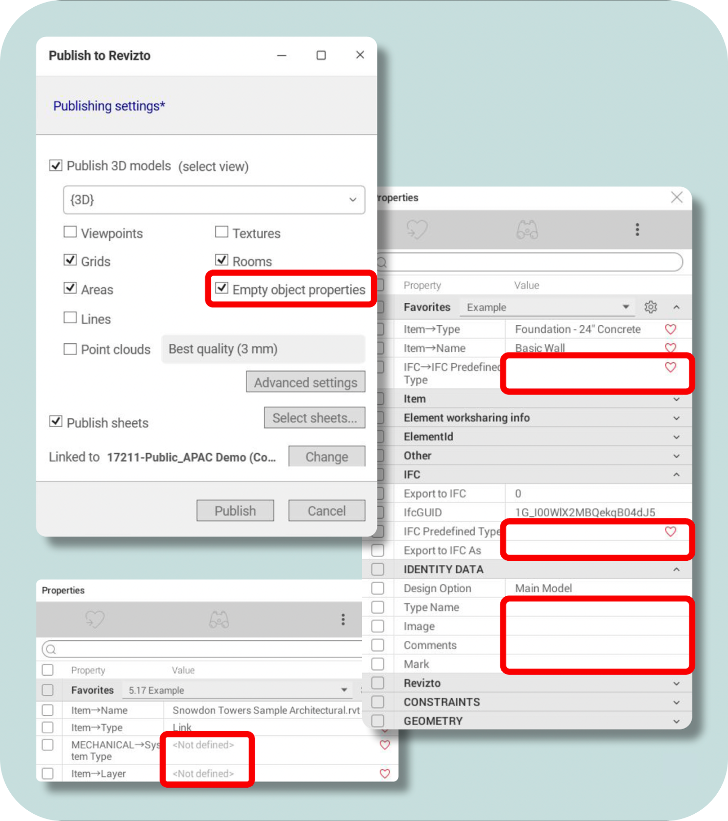 Empty object properties option on the publishing settings window