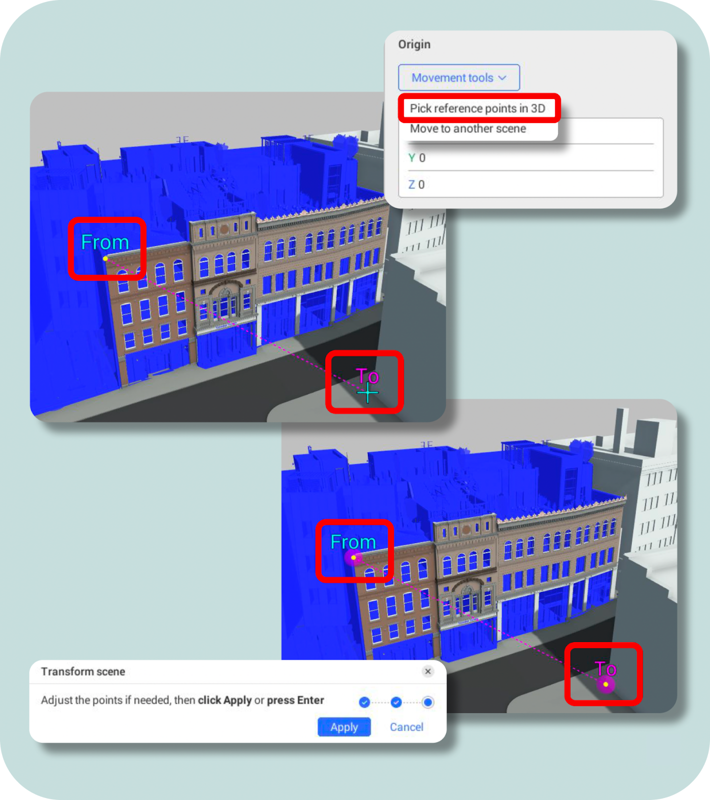 Transform scene window opened in Revizto, allowing to adjust points save changes