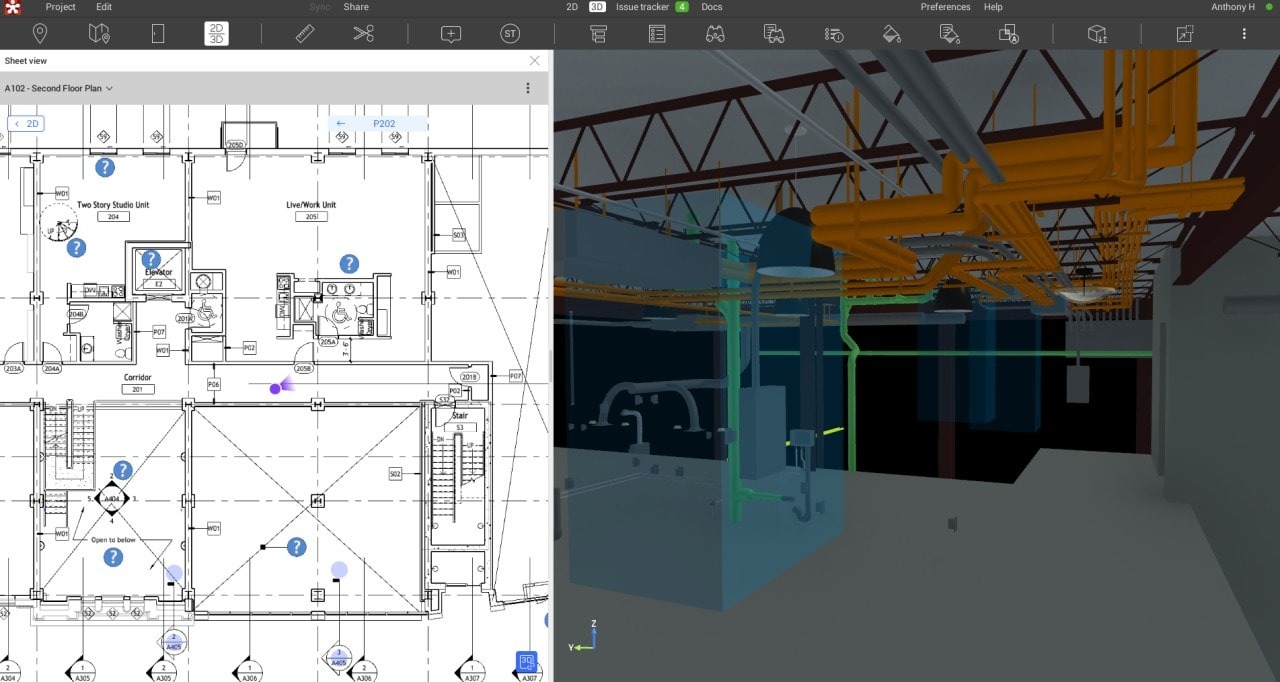 Revizto drawing management platform showing 2D sheet and 3D model side by side with spatially-linked issue tracking