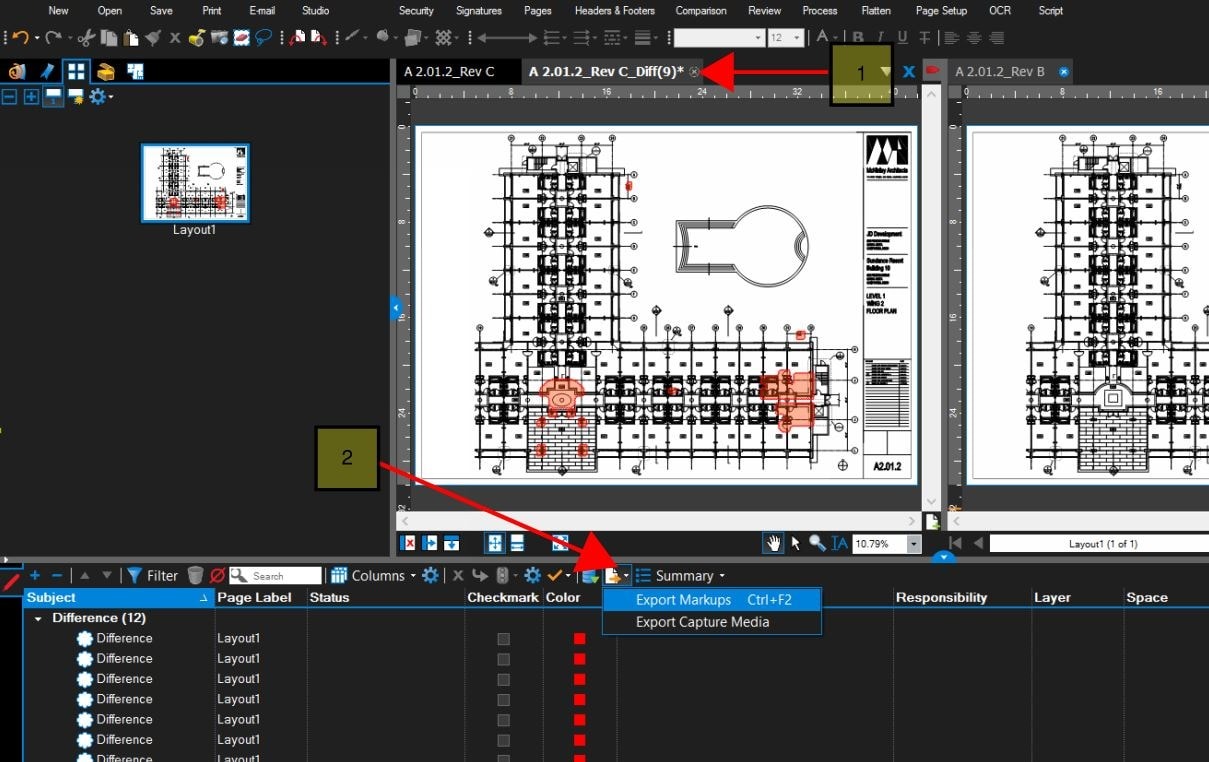 Bluebeam Revu color-layered overlay comparison highlighting differences between two construction drawing revisions