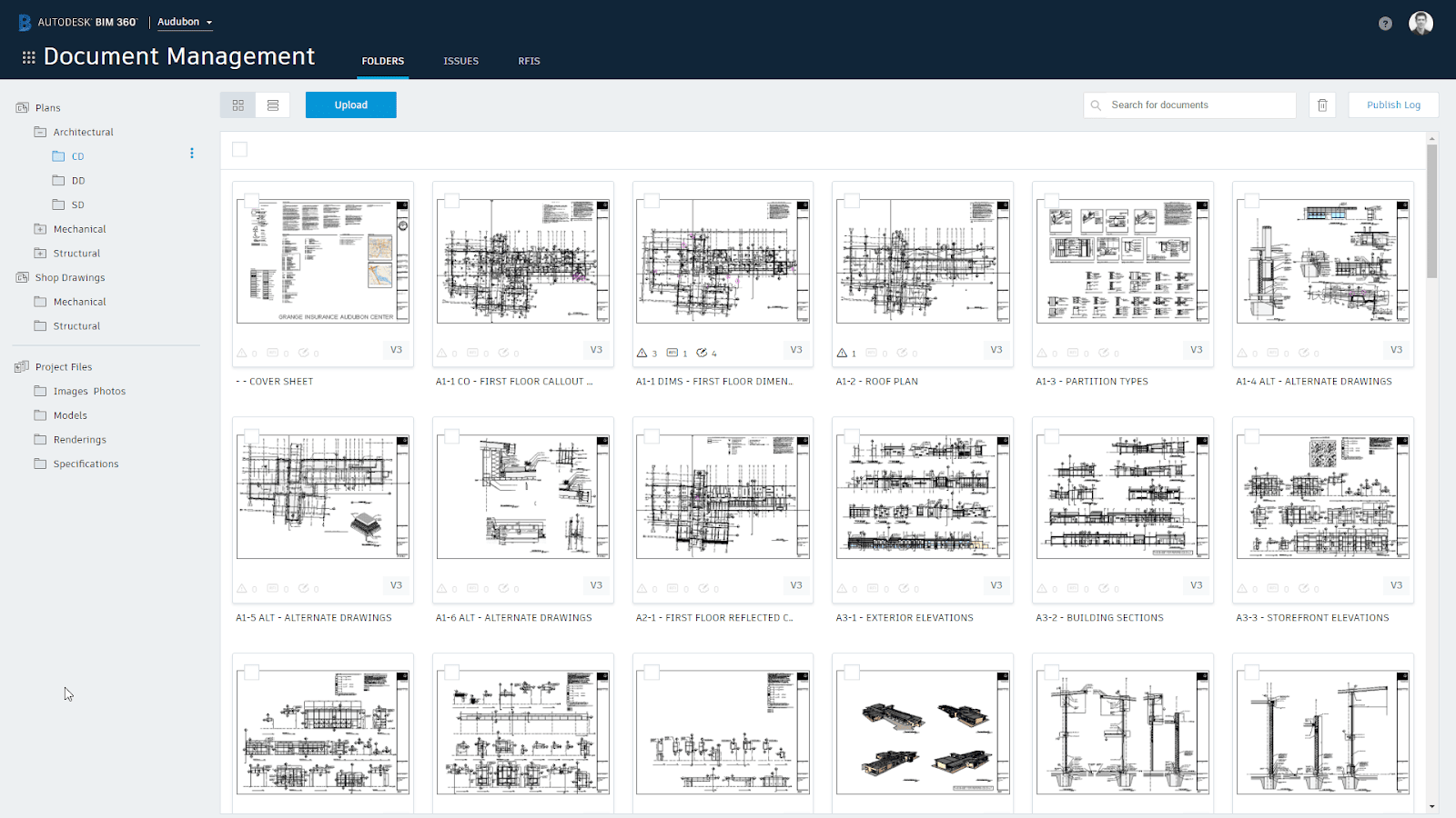 Autodesk Construction Cloud document management interface with version history and drawing management features