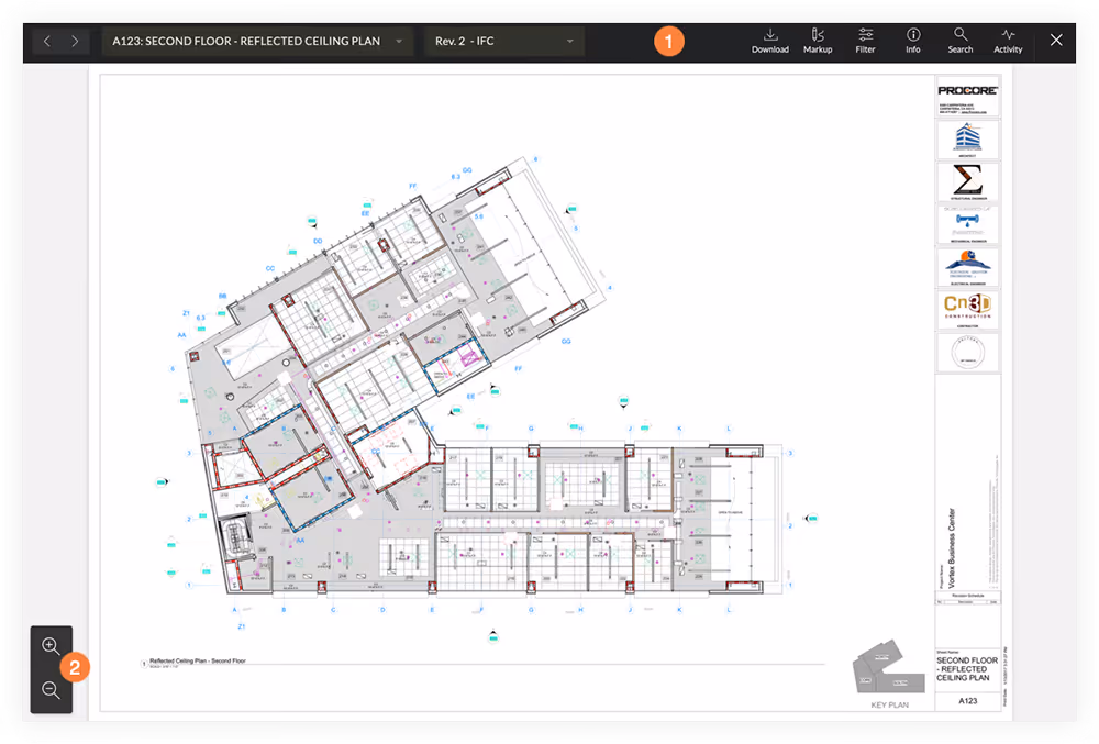 Procore construction drawing management module showing version comparison and RFI-to-drawing linking