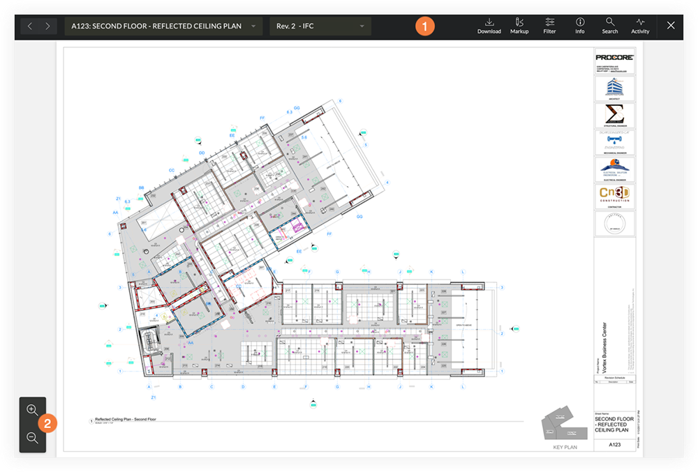 Procore construction drawing management module showing version comparison and RFI-to-drawing linking