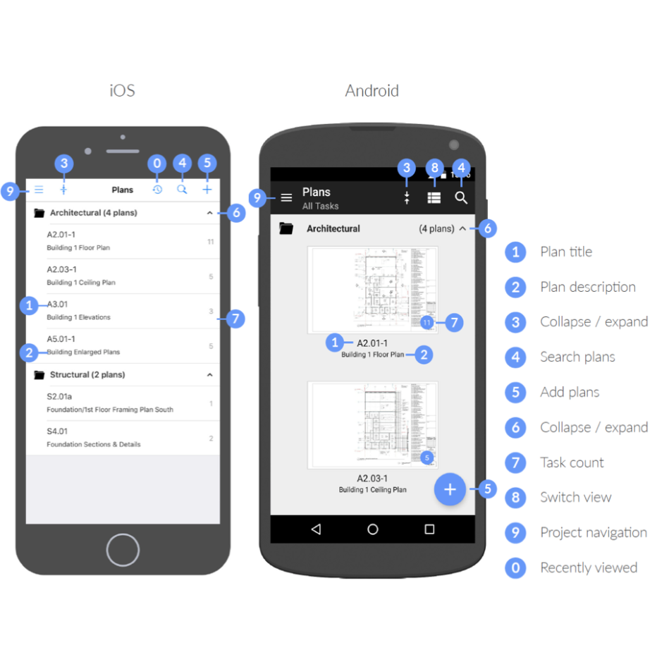 Fieldwire mobile-first drawing management app showing plan viewer with task pins on a construction job site