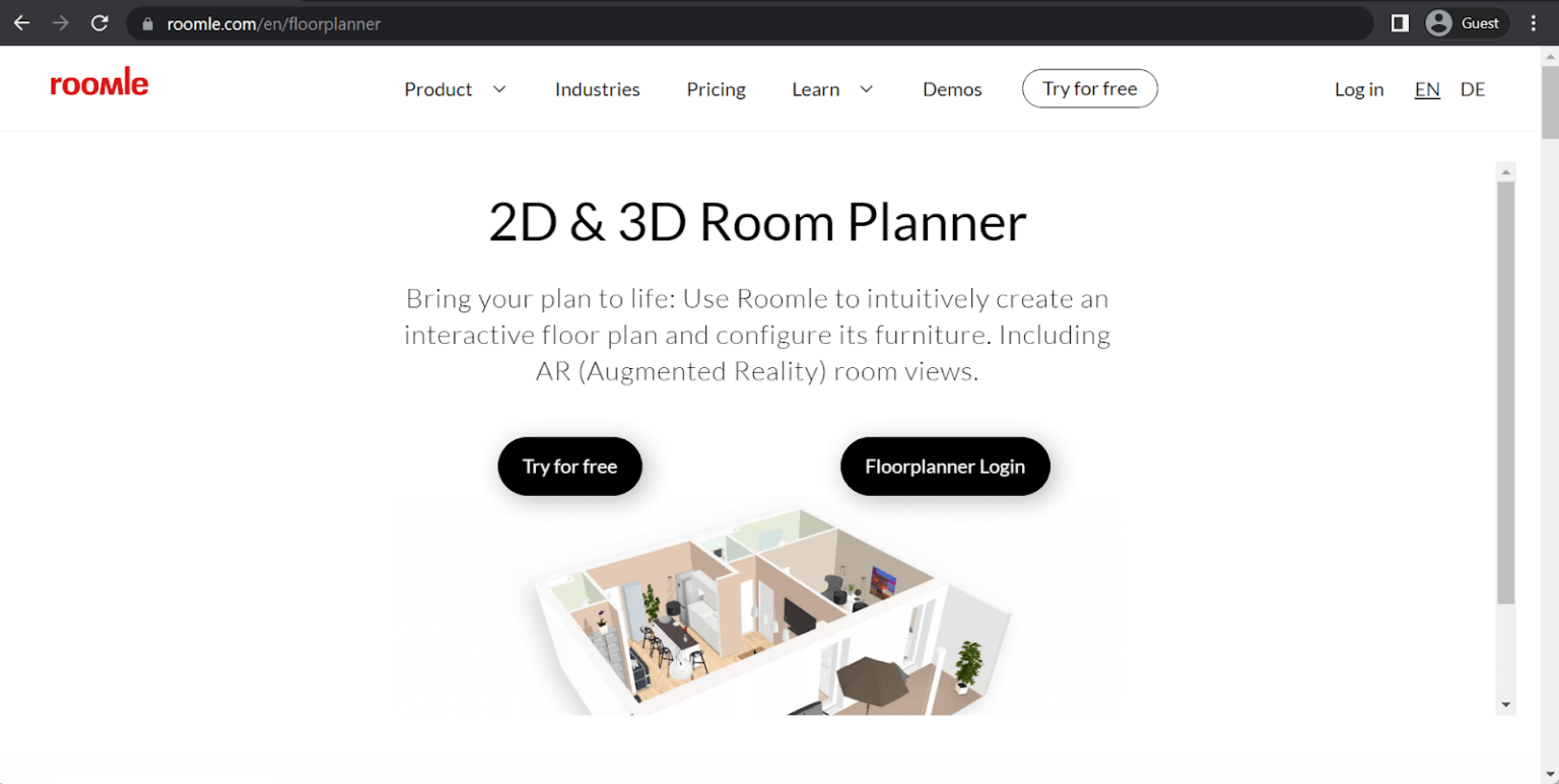 Roomle 2D & 3D Room Planner homepage