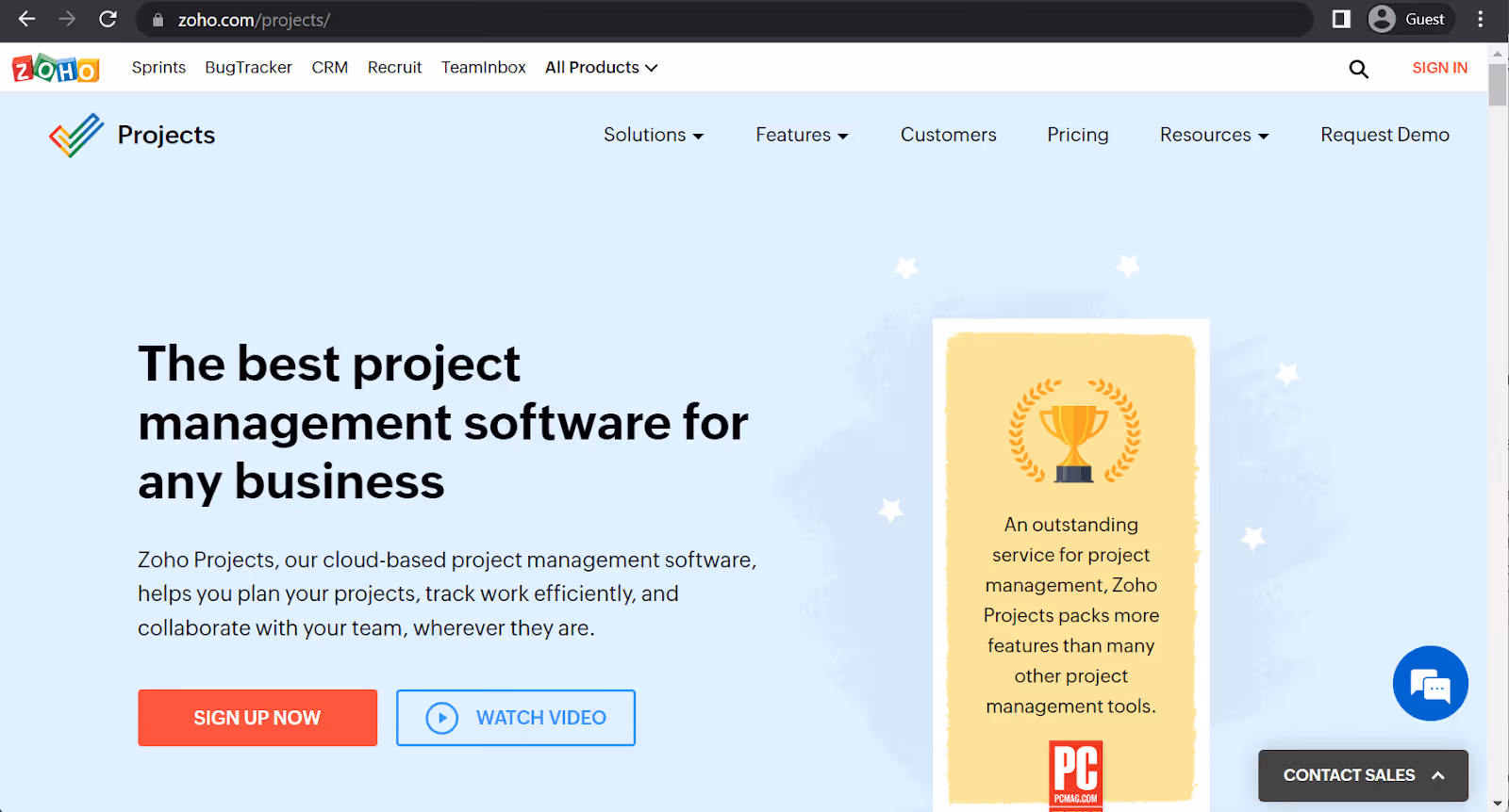 zoho projects page d'atterrissage
