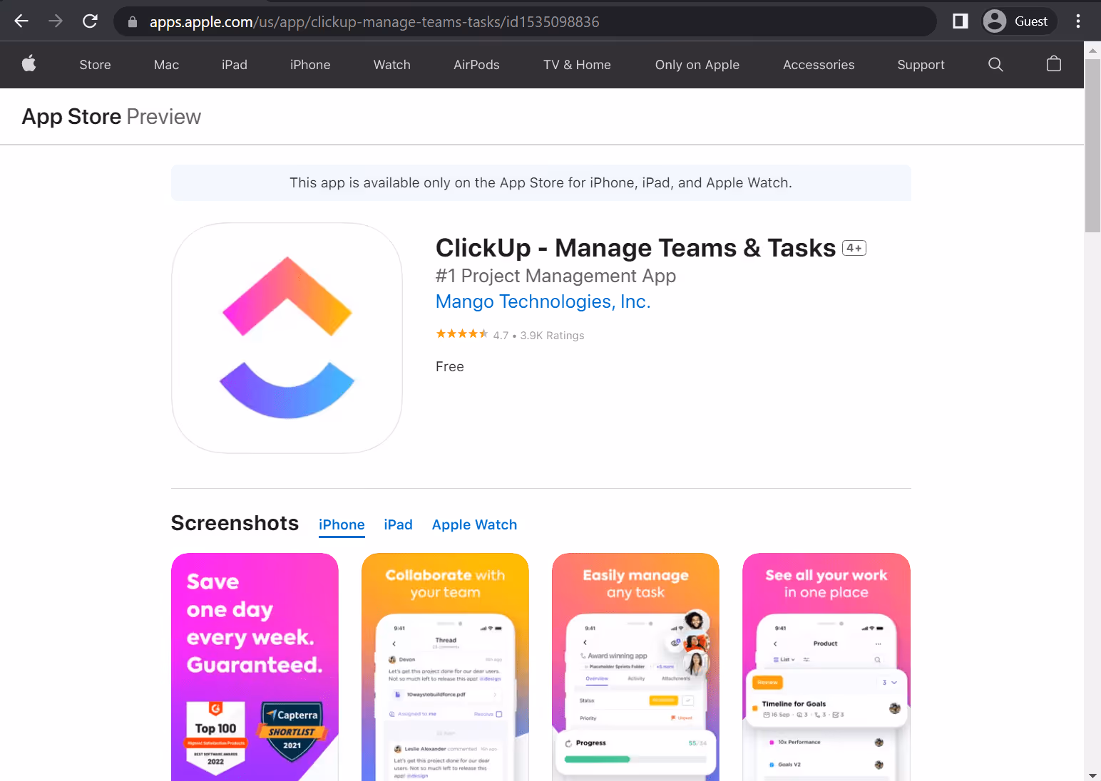 clickup app store page