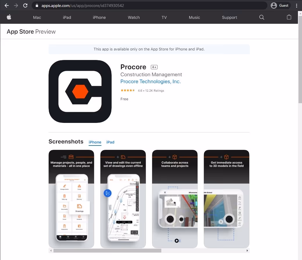 app store page of Procore