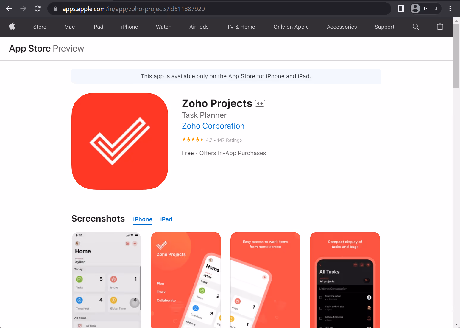 zoho projects app store page