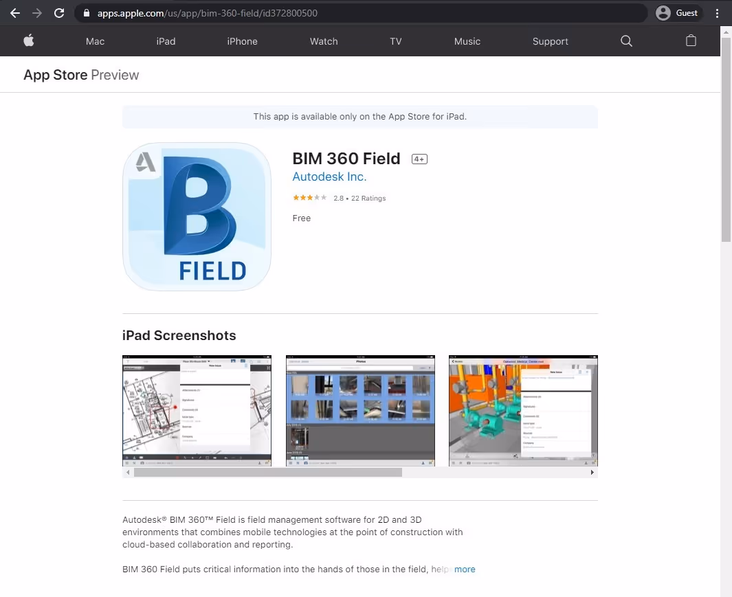 app store page of Autodesk BIM 360 Field