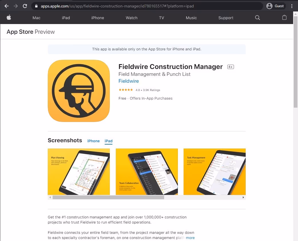 app store page of Fieldwire