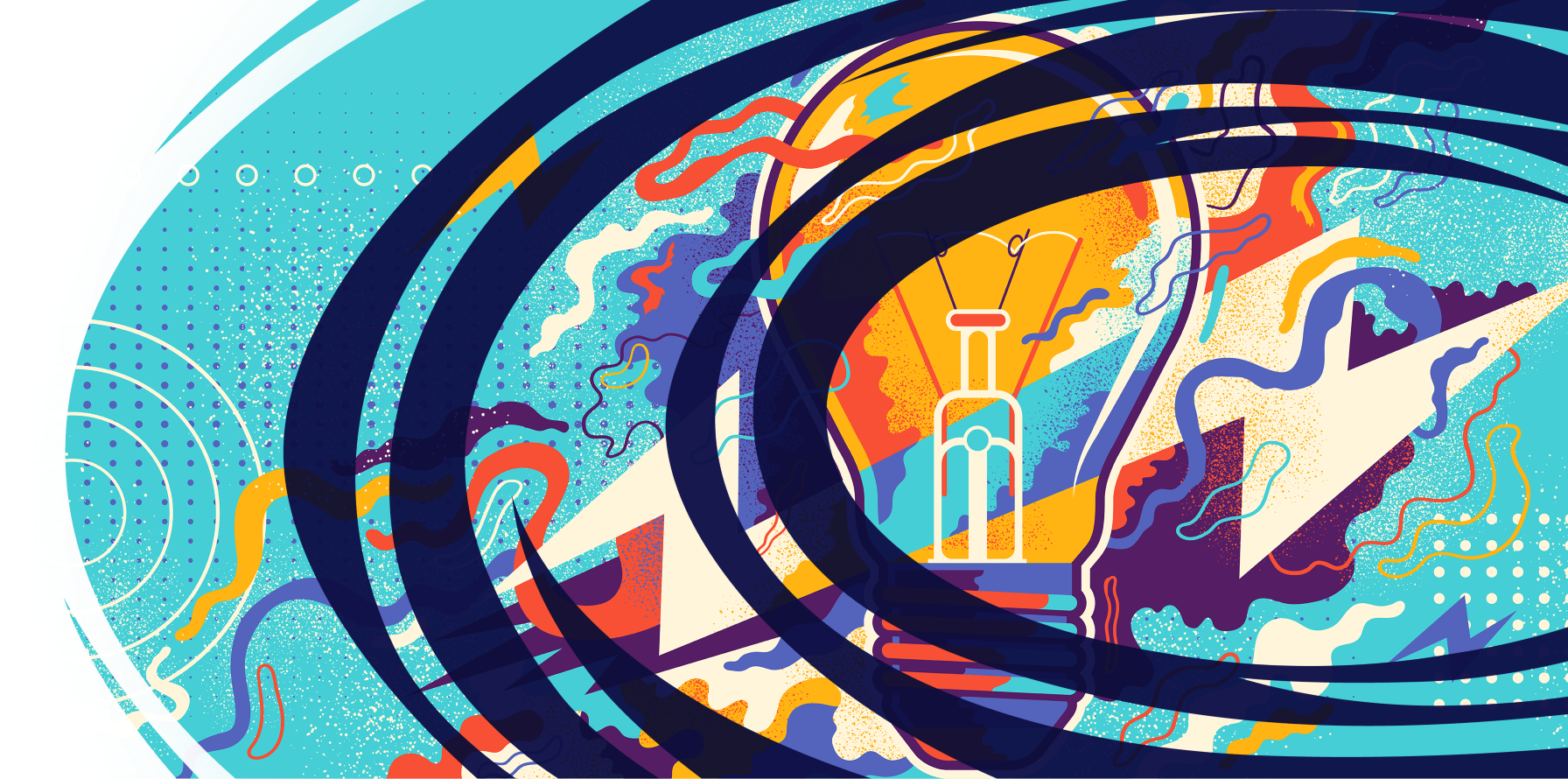 Abstract colorful illustration of a light bulb with swirling shapes, arrows, and vibrant patterns representing creativity and ideas.