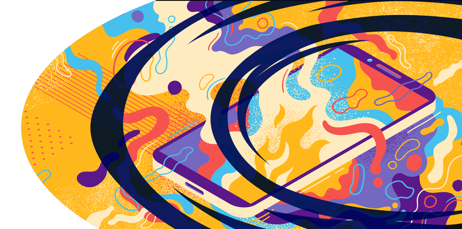 Abstract colorful illustration of a smartphone with yellow flames on its screen surrounded by swirling lines and shapes.