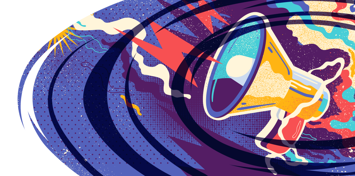 Colorful illustration of a yellow megaphone emitting sound waves and red lightning bolts on a purple and blue textured background.