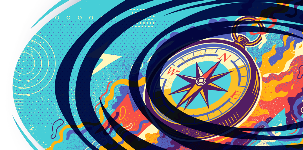 Illustration of a compass surrounded by colorful abstract flames and circular ripple patterns on a blue background.