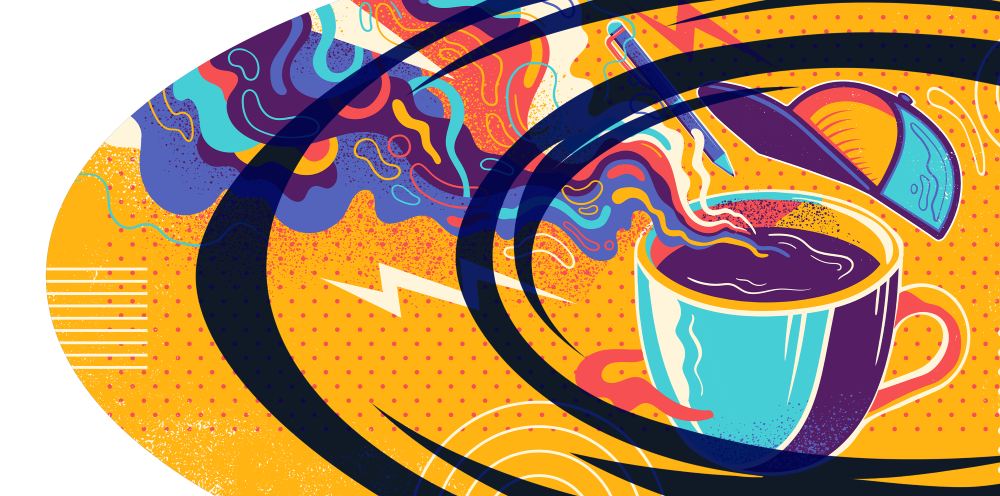 Colorful abstract illustration of a cup of hot coffee with swirling steam and a floating coffee scoop above it.