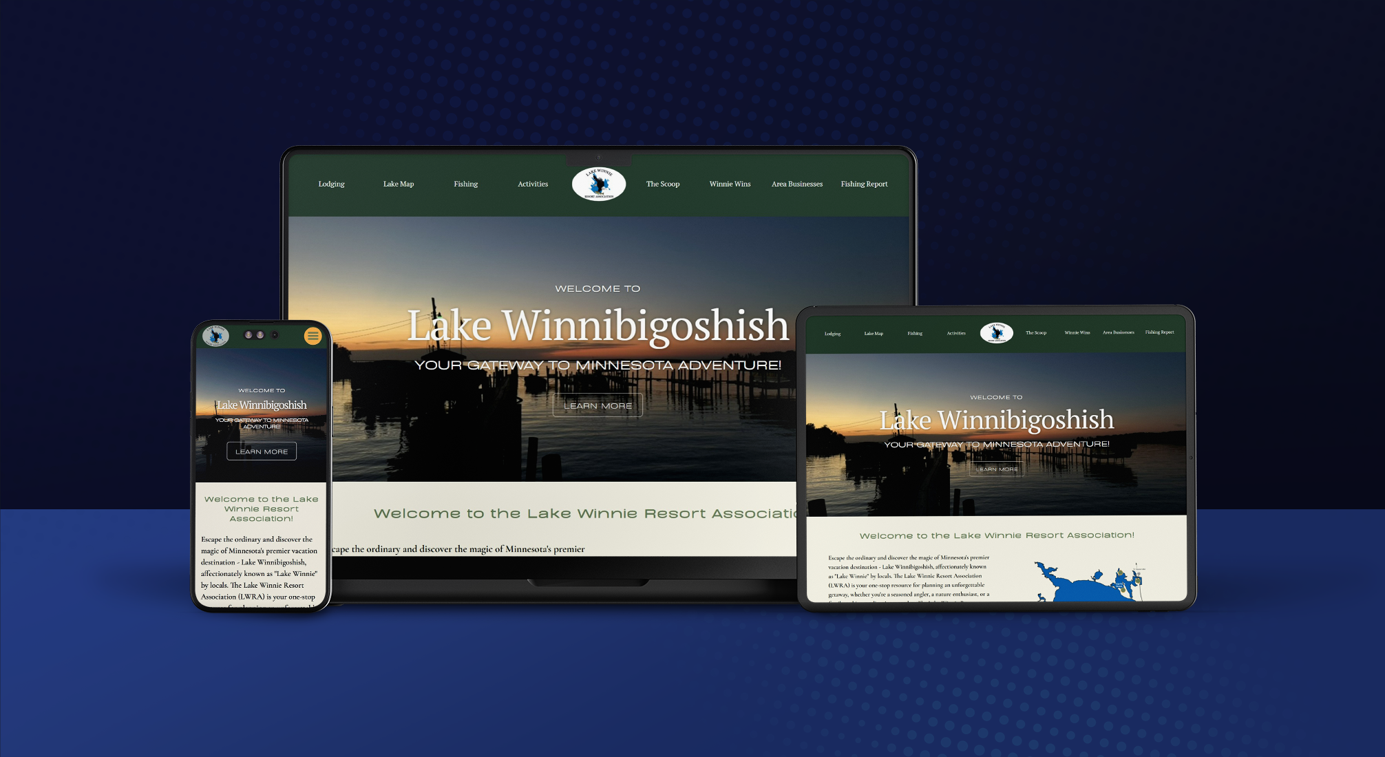 Responsive website for Lake Winnibigoshish displayed on smartphone, laptop, and tablet showing a sunset lake background with navigation menu and welcome text.