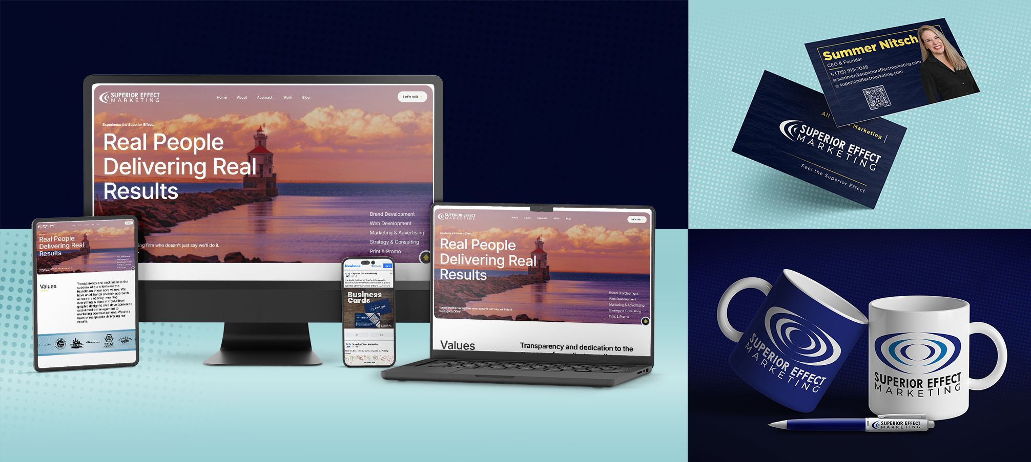 Digital marketing materials including a desktop, laptop, tablet, and phone displaying Superior Effect Marketing website, alongside business cards, two mugs, and a pen branded with Superior Effect Marketing logo.