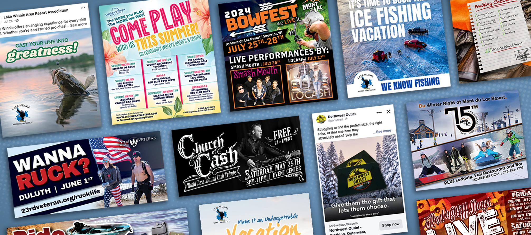 Collage of various colorful event and vacation advertisements including fishing, music festivals, military ruck march, winter activities, and gift cards.
