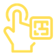 Yellow outlined icon of a hand with an extended index finger pointing at a square with a dollar sign inside.
