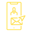 Yellow line icon of a mobile phone with a rocket on its screen and an envelope with a paper airplane in front, symbolizing message launch or startup notification.