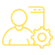 Yellow outline icon of a person with a settings gear and an open tab or window behind them.