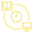 Yellow icon showing a book, clock, and computer connected by a circular arrow, representing online learning or timed study.