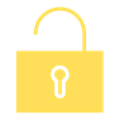 Yellow unlocked padlock icon on white background.