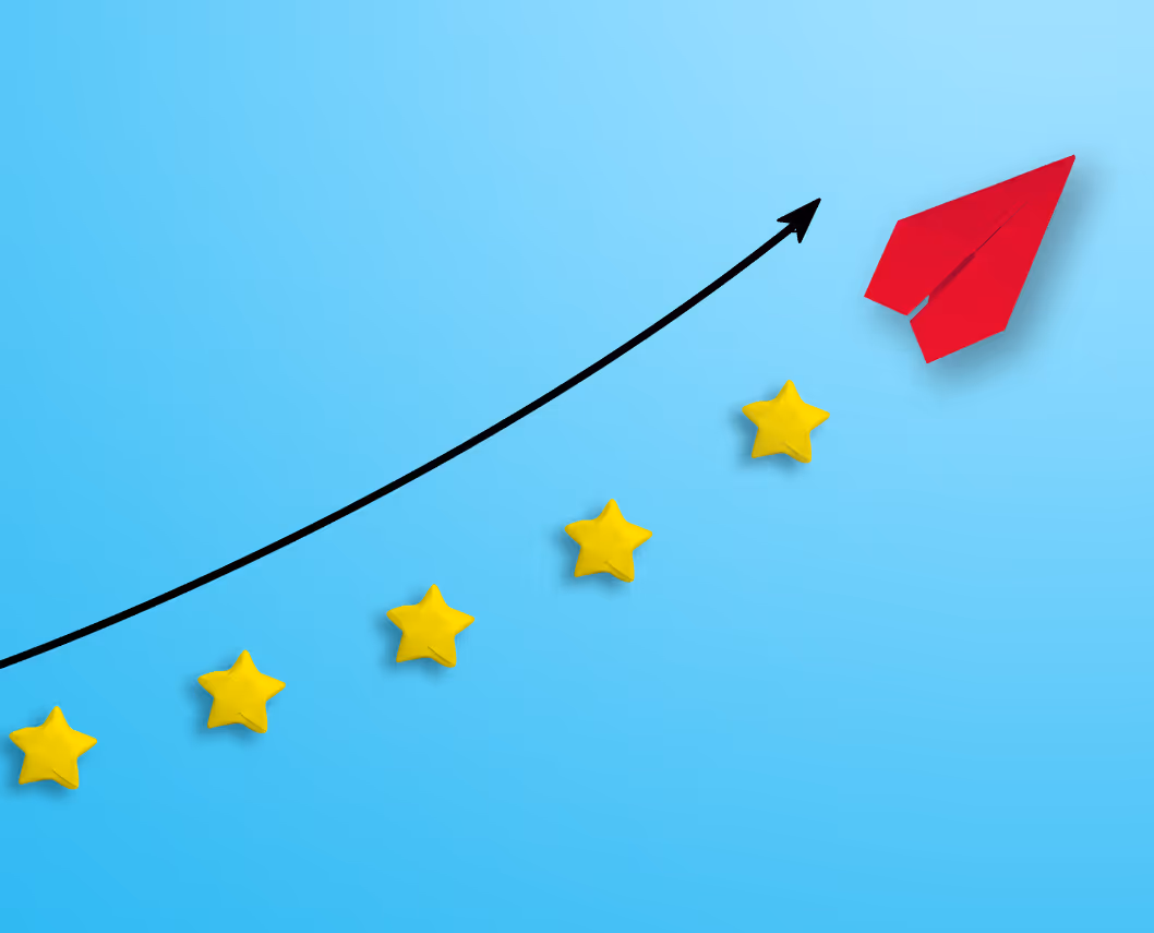 Five gold stars following a red paper airplane showing growth
