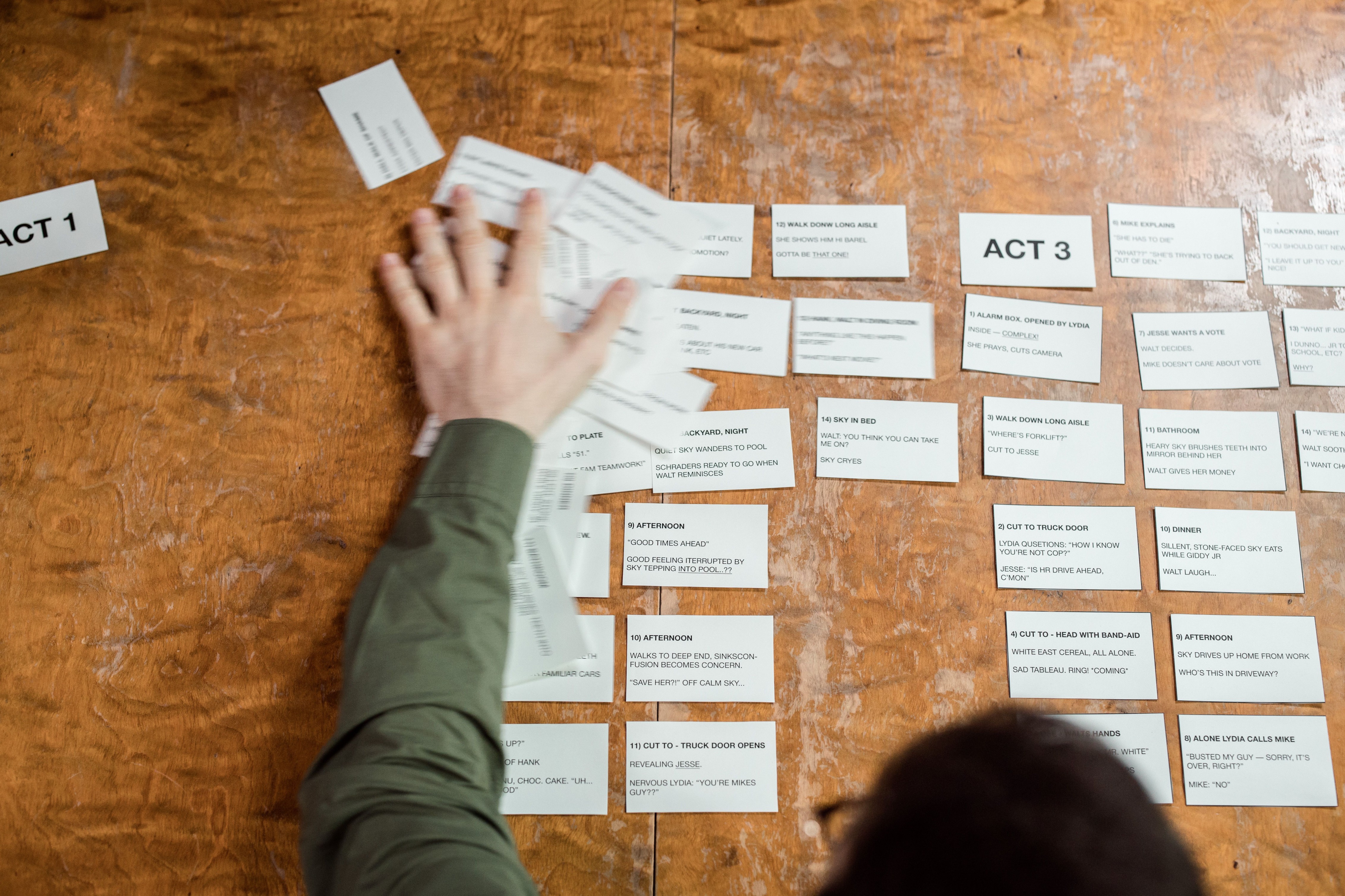 A clean infographic rendering a frame-by-frame storyboard sequence that highlights scene flow, narrative beats, and call-to-action buttons.