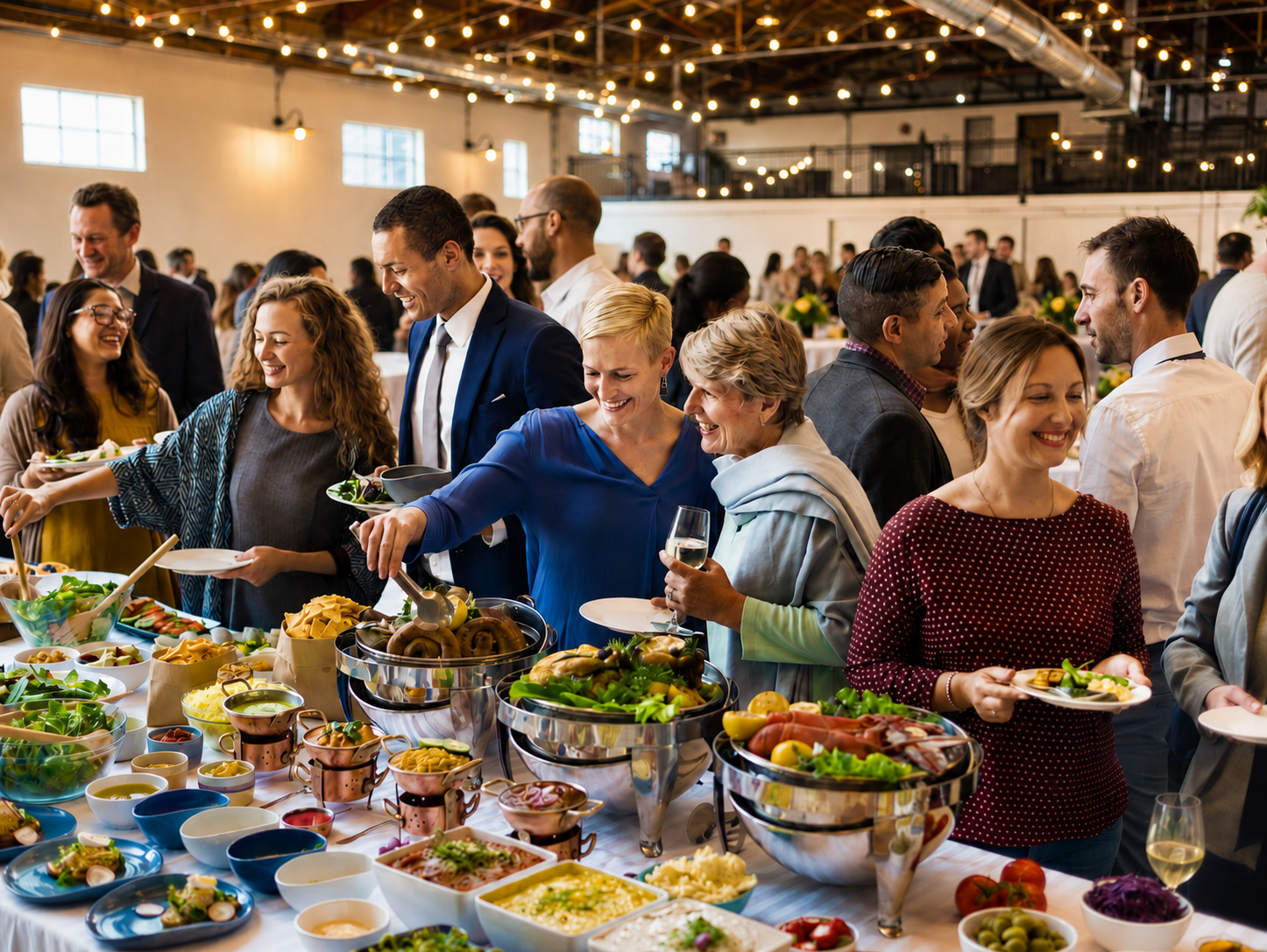 People serving food at a buffet during a lively indoor corporate or community event.