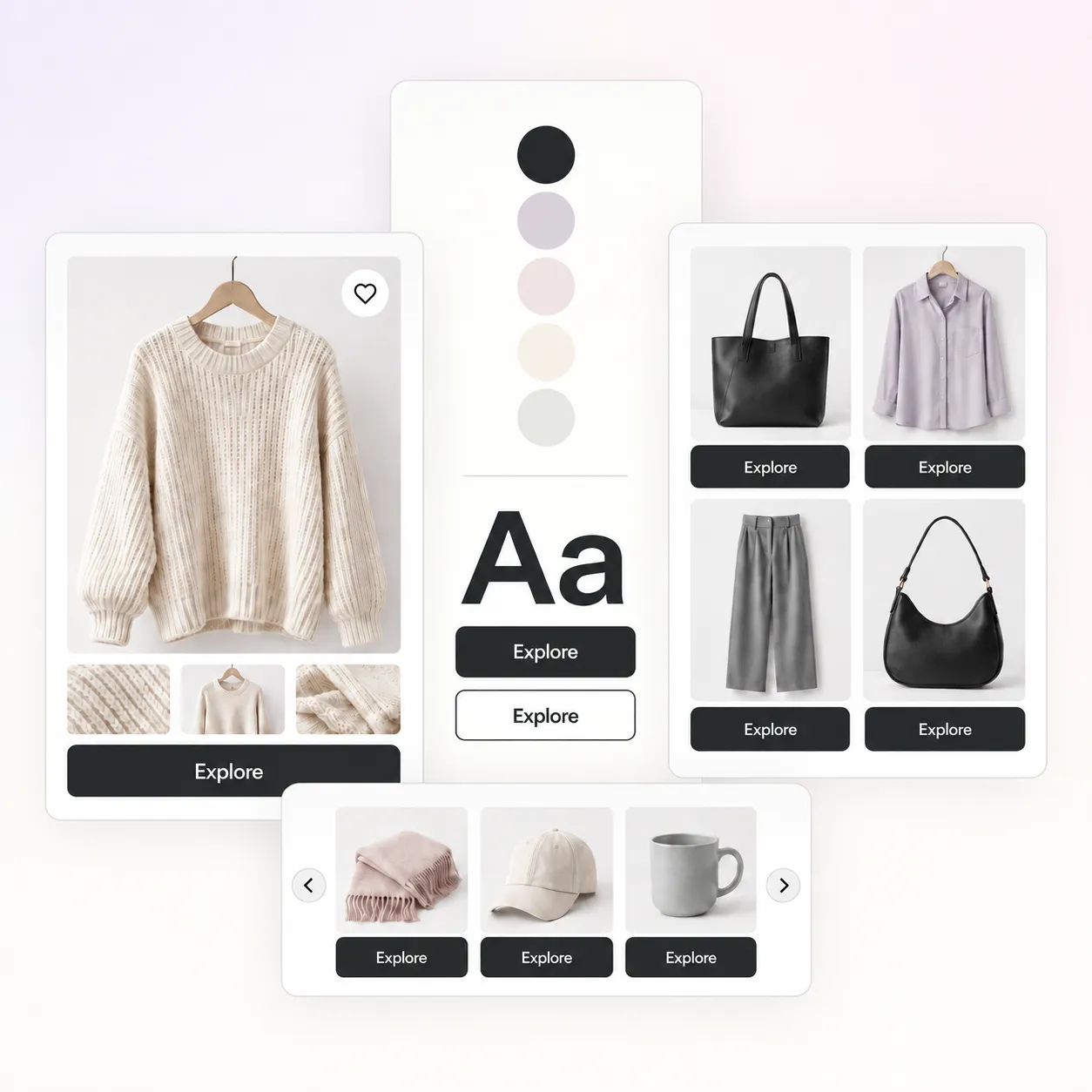 A shared brand palette, typography and product discovery interfaces on a softly tinted off-white background.