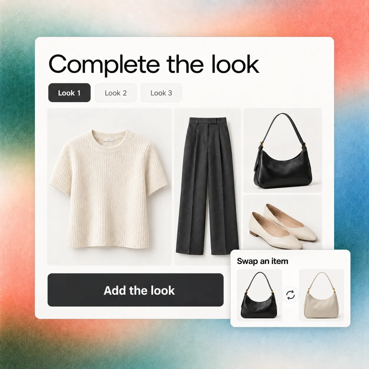 A coordinated outfit bundle with look selection and item swapping on a textured teal and coral background.