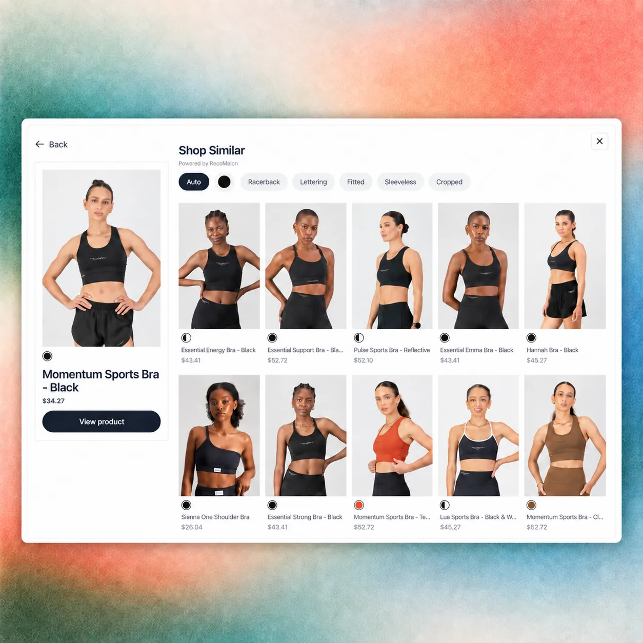 Reveal’s Shop Similar interface showing an activewear product, attribute filters and visual alternatives priced in US dollars.